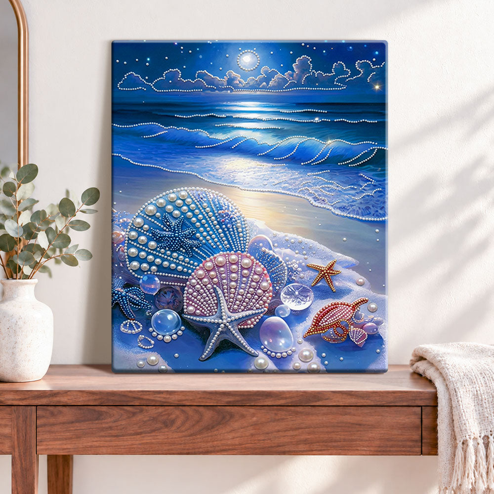 Finished moonlit ocean shells pearl diamond painting artwork displayed as home decor