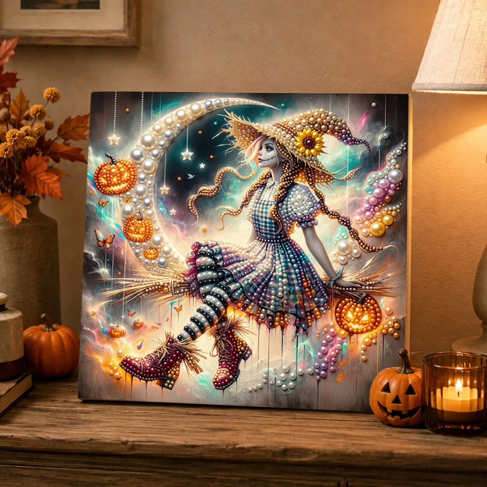 Finished moonlit patchwork witch pearl diamond painting artwork displayed as holiday home decor