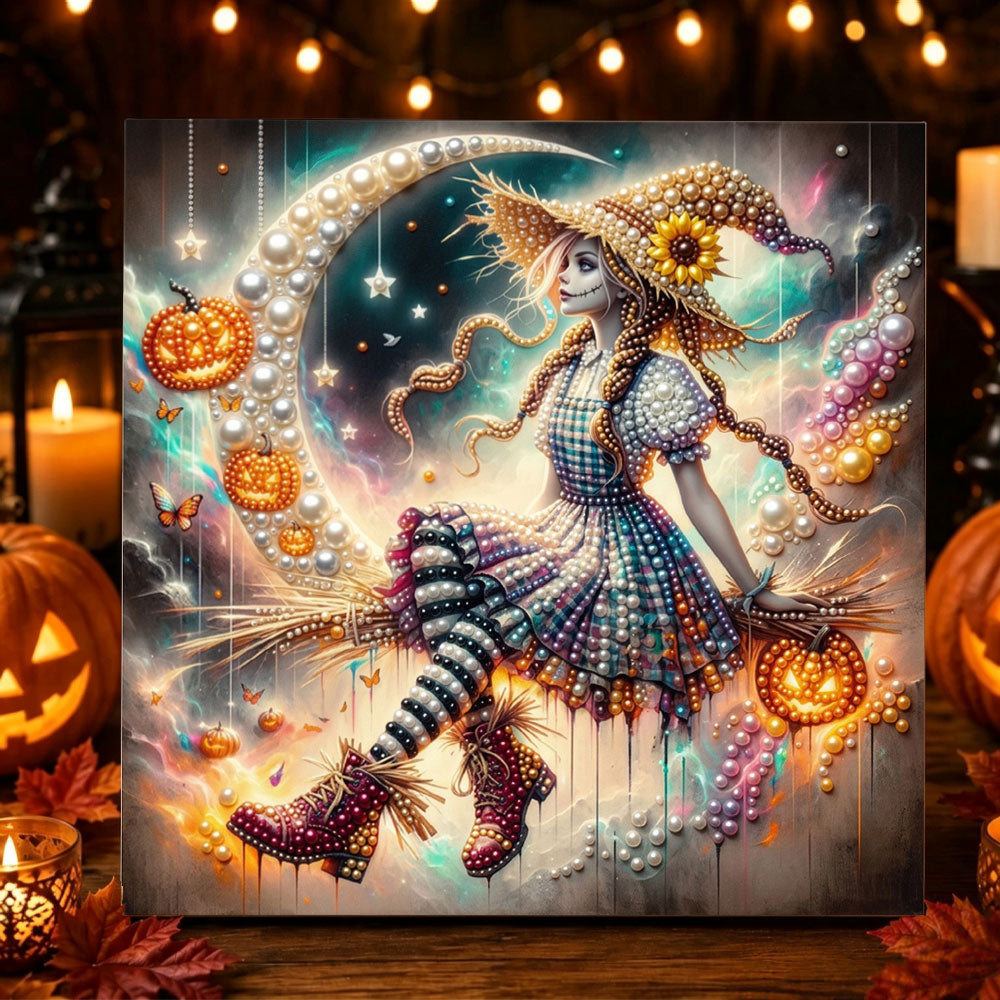 Moonlit patchwork witch pearl diamond painting kit for beginners