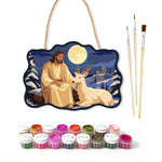 Moonlit peaceful moment paint by numbers door hanger with paints and brushes