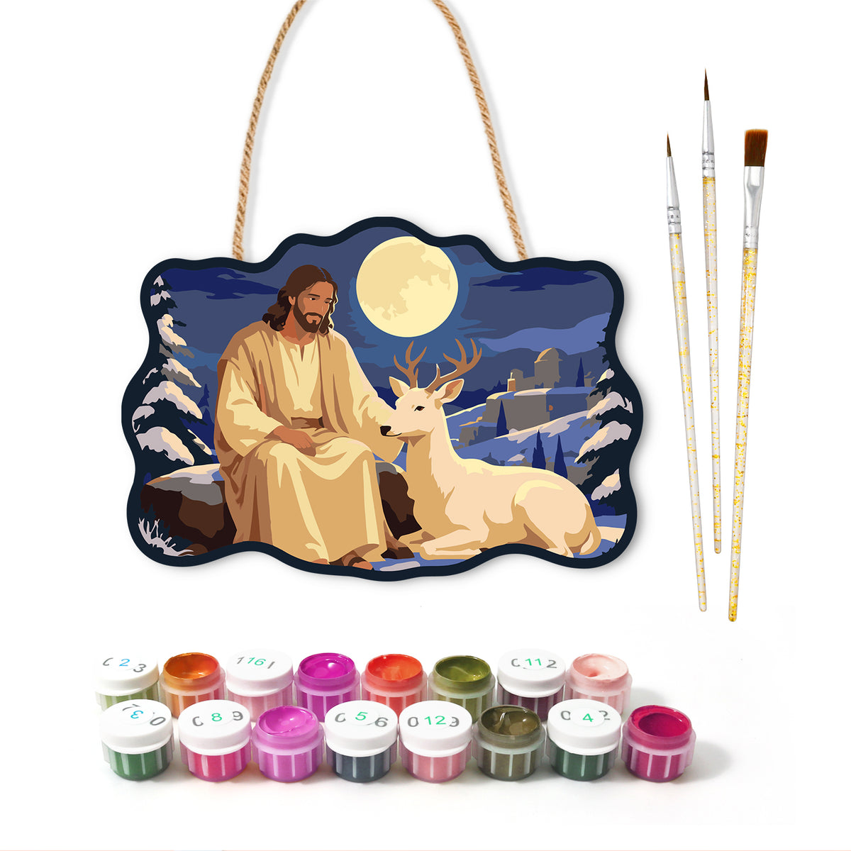 Moonlit peaceful moment paint by numbers door hanger with paints and brushes