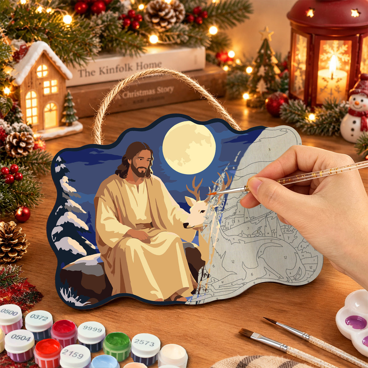 Moonlit peaceful moment paint by numbers door hanger painting process