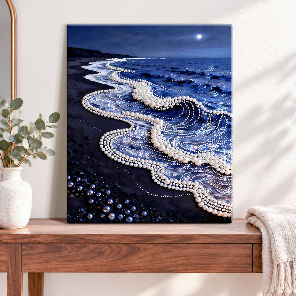 Finished moonlit pearl beach pearl diamond painting artwork displayed as home decor
