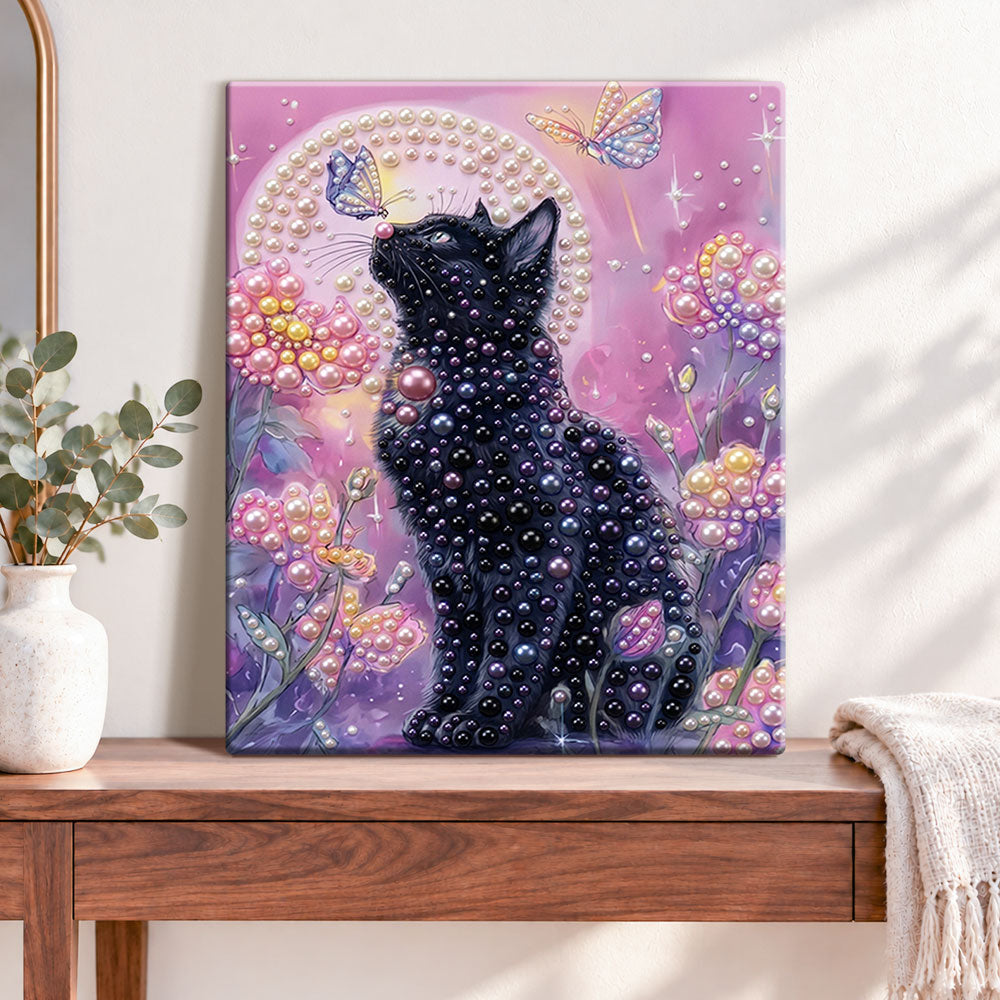 Finished moonlit pearl black cat pearl diamond painting artwork displayed as home decor