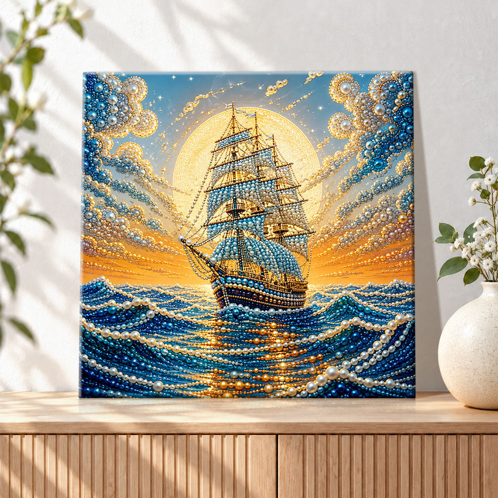 Finished moonlit sailing ship on ocean pearl diamond painting artwork displayed as holiday home decor
