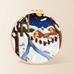 Moonlit snowy cabin with warm glow needle felting kit for beginners with a round wooden frame