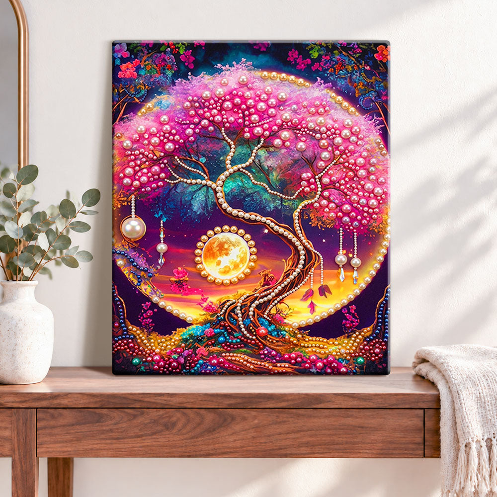 Finished moonlit tree of pearls pearl diamond painting artwork displayed as home decor