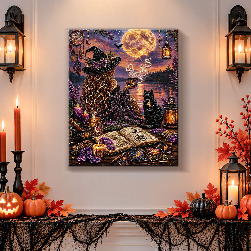 Finished moonlit witch and black cat pearl diamond painting artwork displayed as holiday home decor