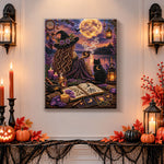 Finished moonlit witch and black cat pearl diamond painting artwork displayed as holiday home decor