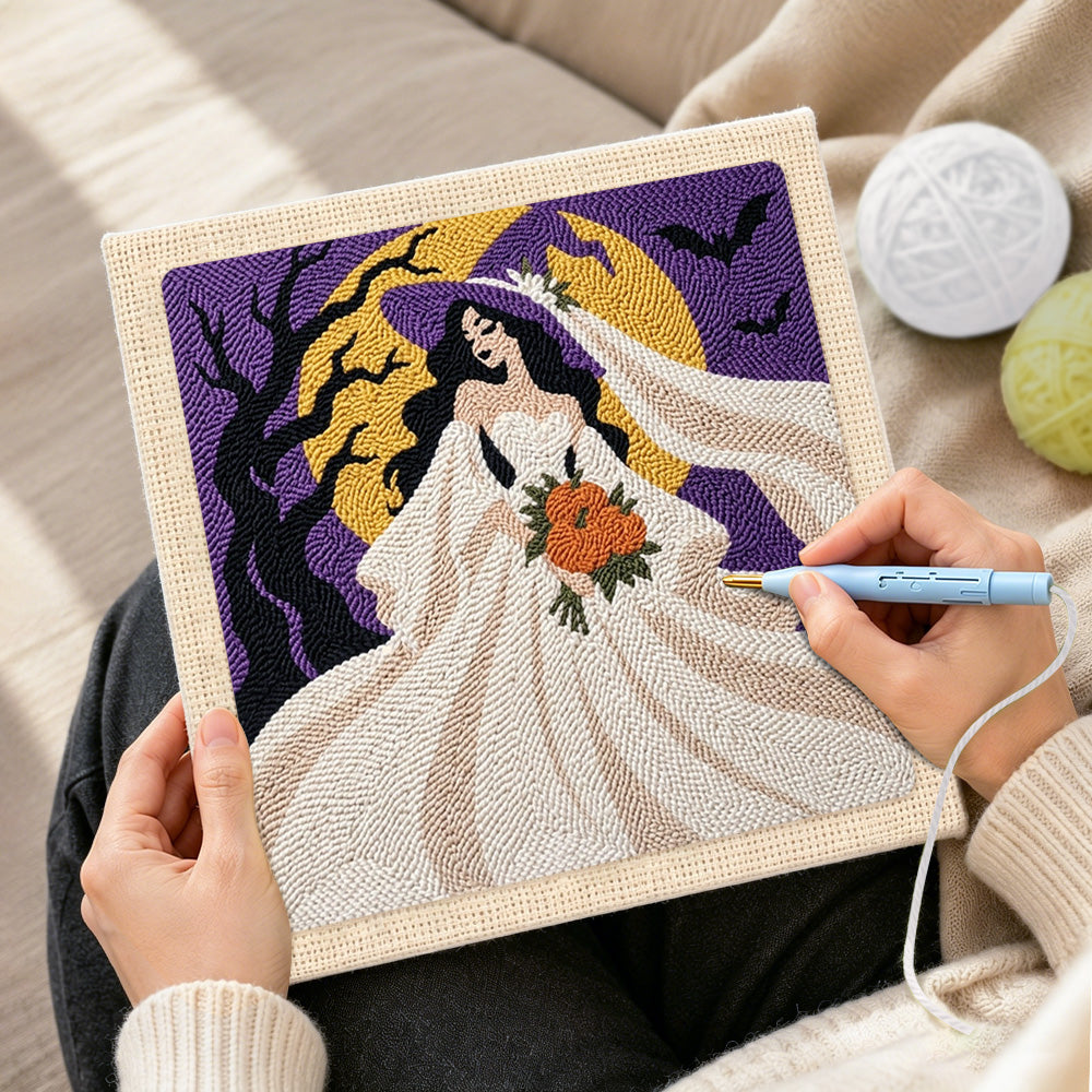 Creating handmade moonlit witch bride punch needle artwork