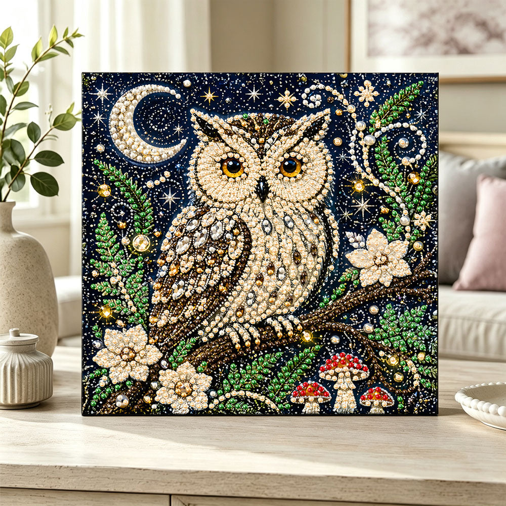 Finished moonlit woodland owl pearl diamond painting artwork displayed as home decor