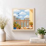 Finished morning coffee balcony and city skyline artwork displayed on a wall