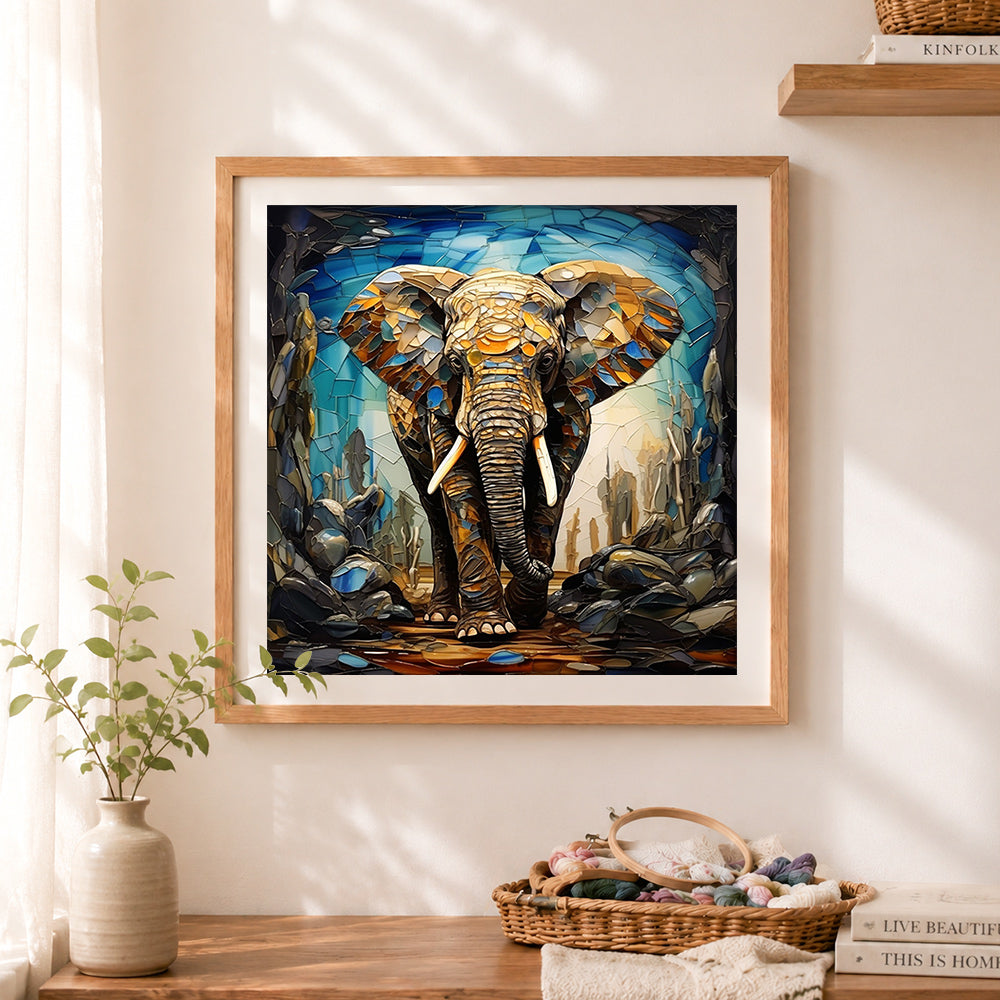 Finished mosaic elephant cross stitch artwork displayed as home decor