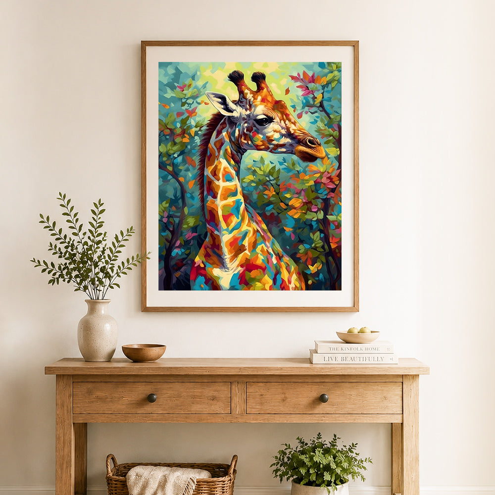 Finished mosaic jungle giraffe cross stitch artwork displayed as home decor