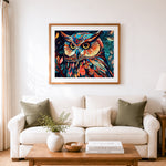 Finished mosaic stained‑glass owl cross stitch artwork displayed as home decor