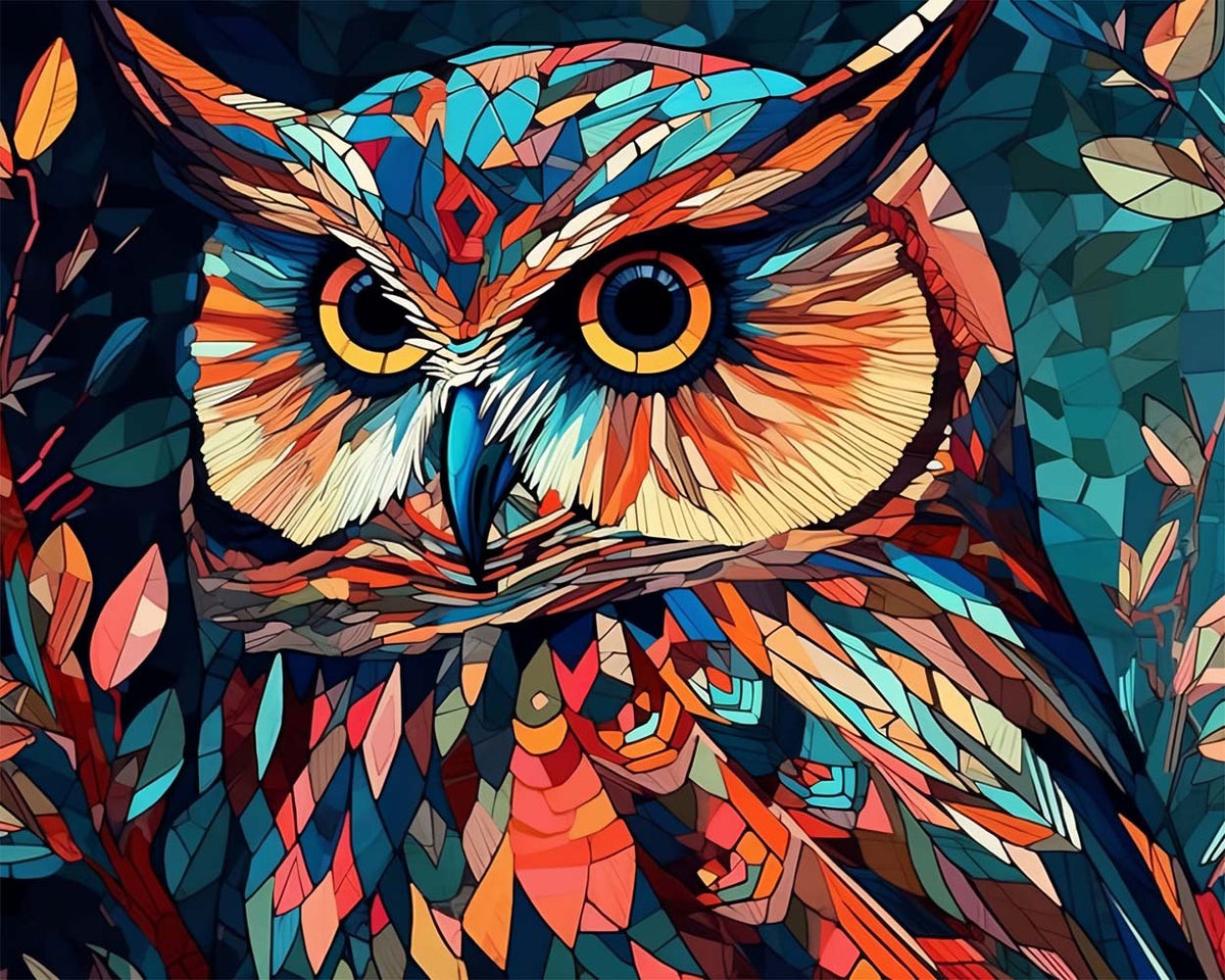Mosaic stained‑glass owl cross stitch kit for beginners