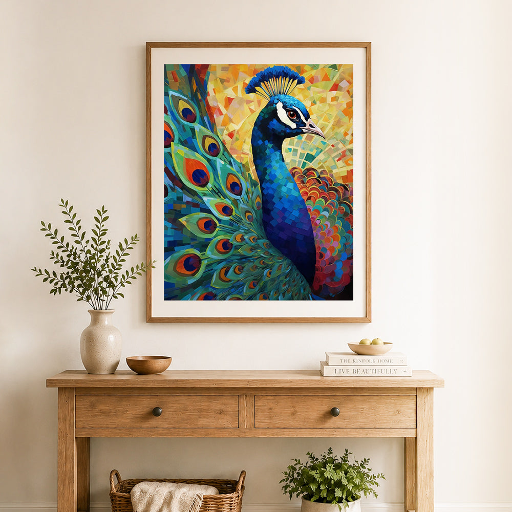 Finished mosaic style peacock cross stitch artwork displayed as home decor