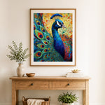 Finished mosaic style peacock cross stitch artwork displayed as home decor