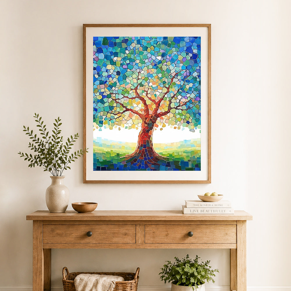 Finished mosaic tree of life cross stitch artwork displayed as home decor