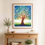 Finished mosaic tree of life cross stitch artwork displayed as home decor
