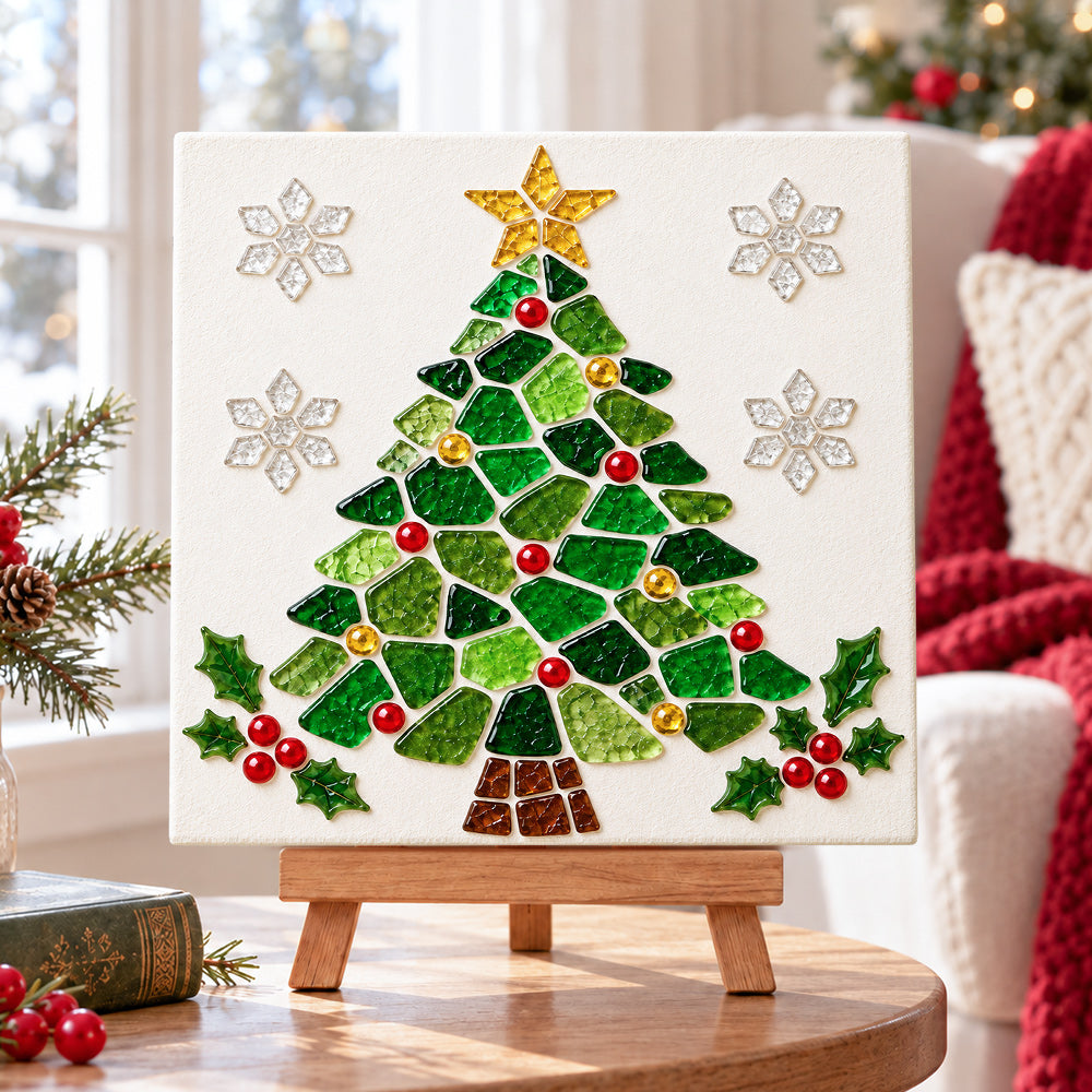 Mosaic xmas tree sea glass art kit displayed as seasonal home decor