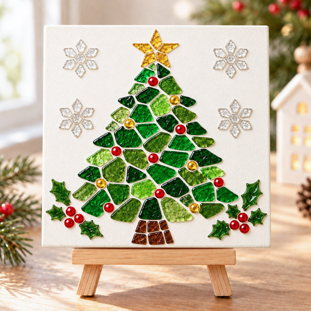 Mosaic xmas tree sea glass art kit finished artwork on display