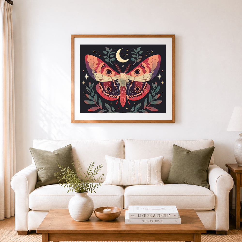 Finished moth beneath crescent moon cross stitch artwork displayed as home decor