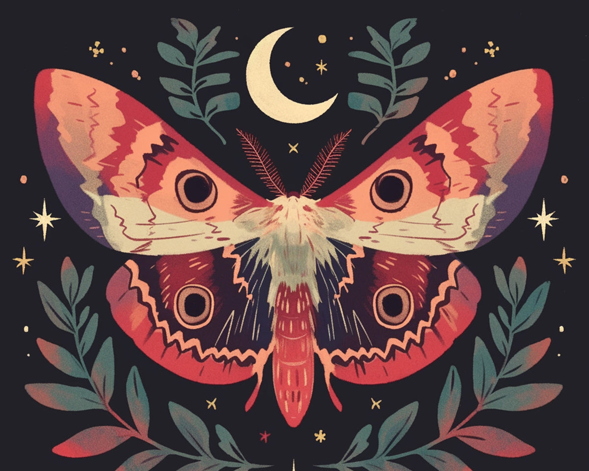 Moth beneath crescent moon cross stitch kit for beginners