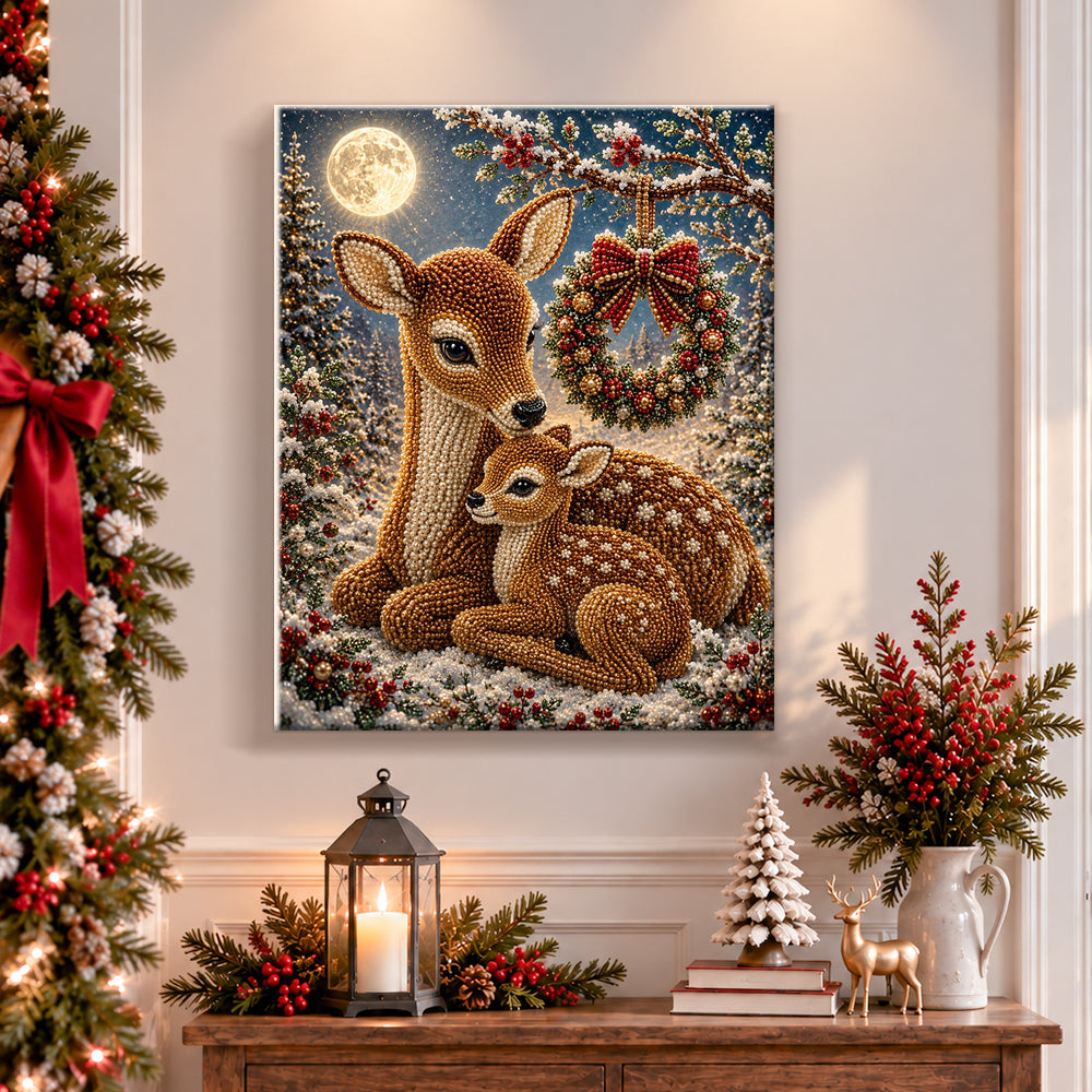 Finished mother deer and fawn under moonlight pearl diamond painting artwork displayed as holiday home decor