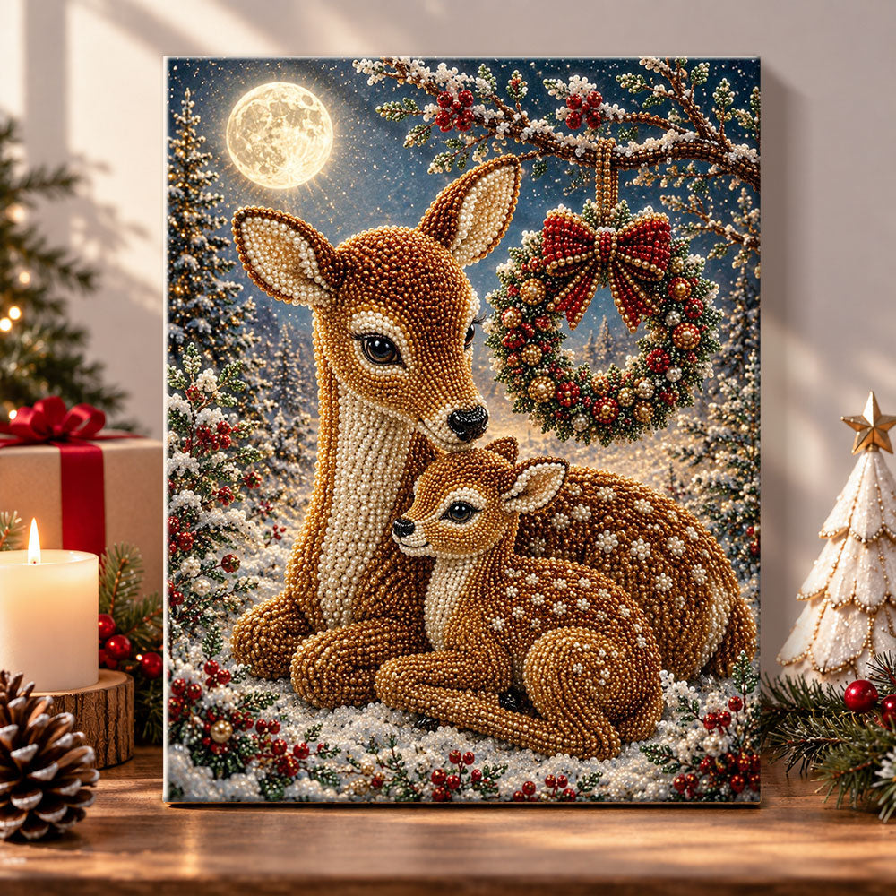 Mother deer and fawn under moonlight pearl diamond painting kit for beginners