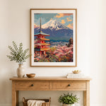 Finished mount fuji and pagoda with cherry blossoms cross stitch artwork displayed as home decor