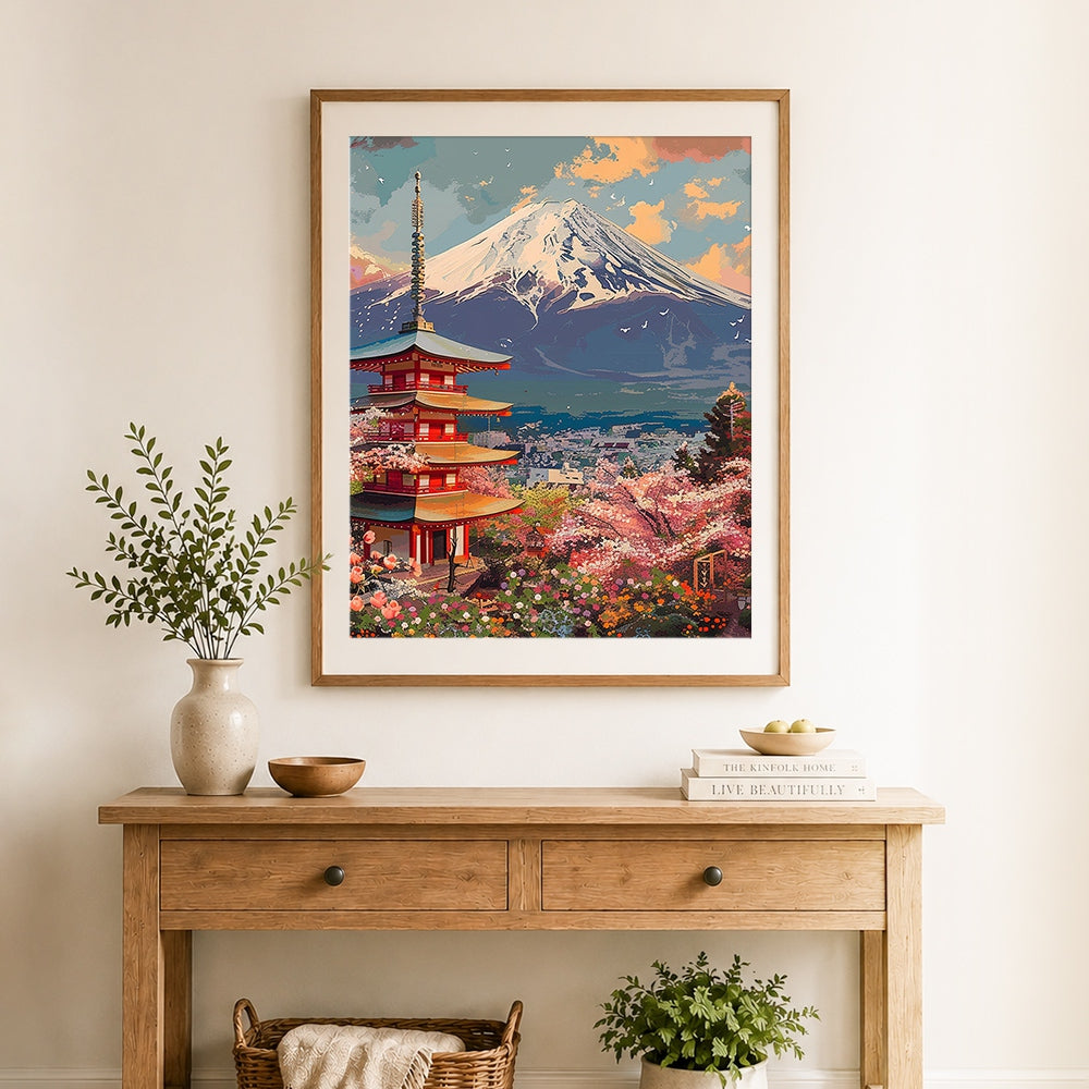 Finished mount fuji and pagoda with cherry blossoms cross stitch artwork displayed as home decor