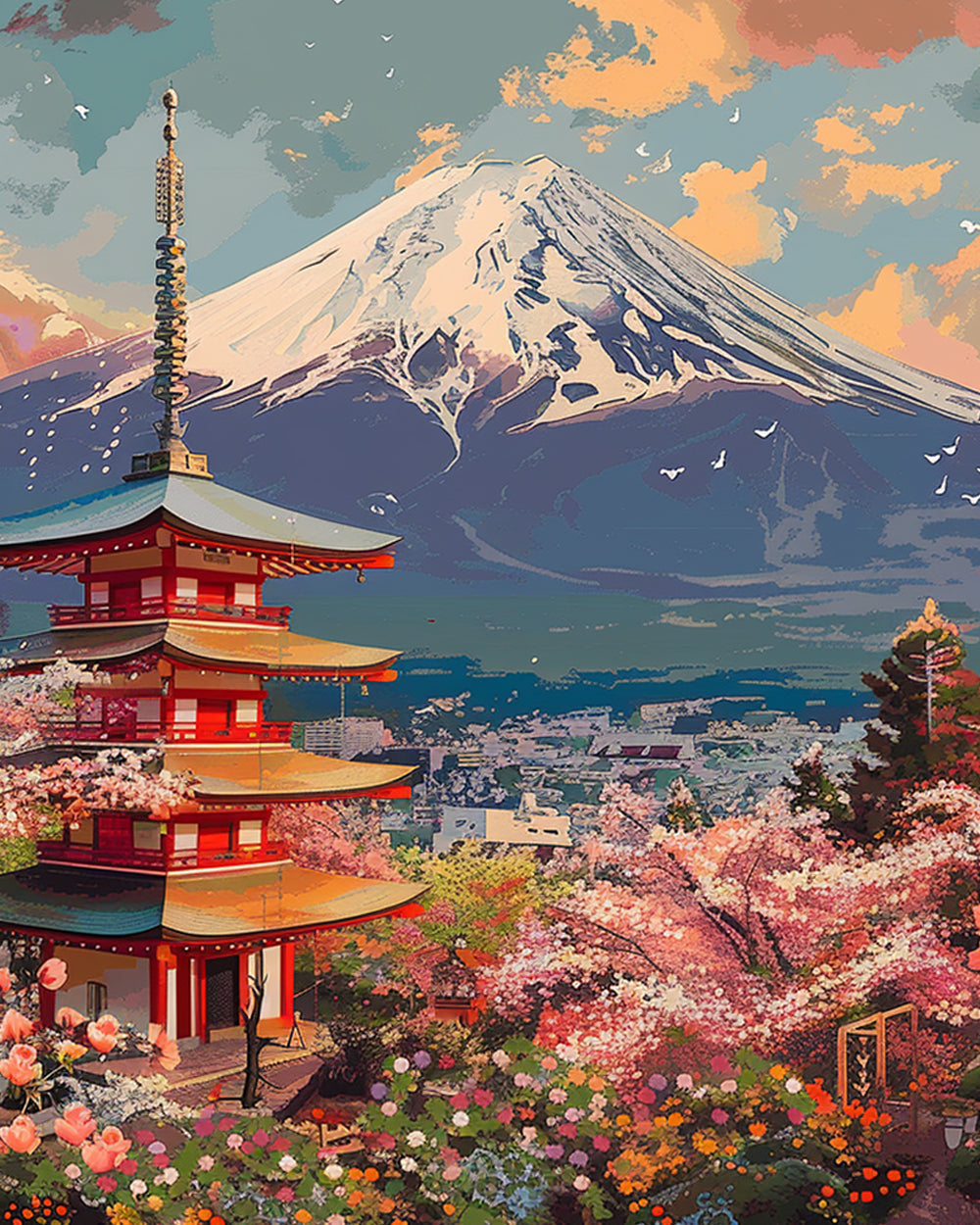 Mount fuji and pagoda with cherry blossoms cross stitch kit for beginners
