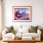 Finished mount fuji with cherry blossoms cross stitch artwork displayed as home decor