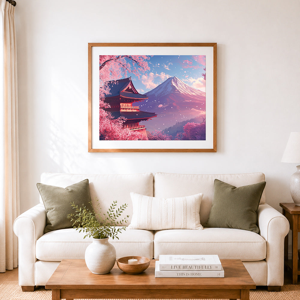 Finished mount fuji with cherry blossoms cross stitch artwork displayed as home decor