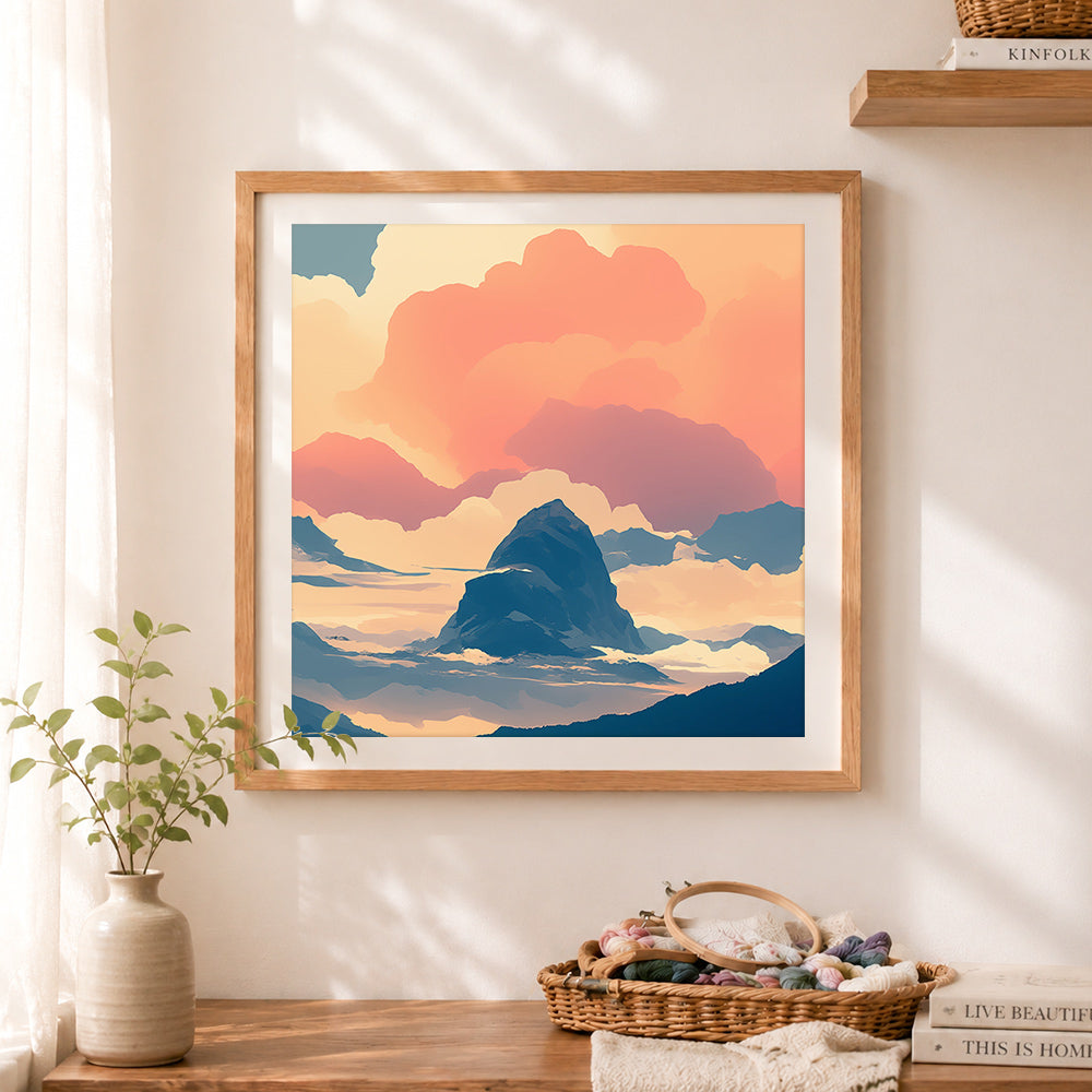 Finished mountain above clouds cross stitch artwork displayed as home decor