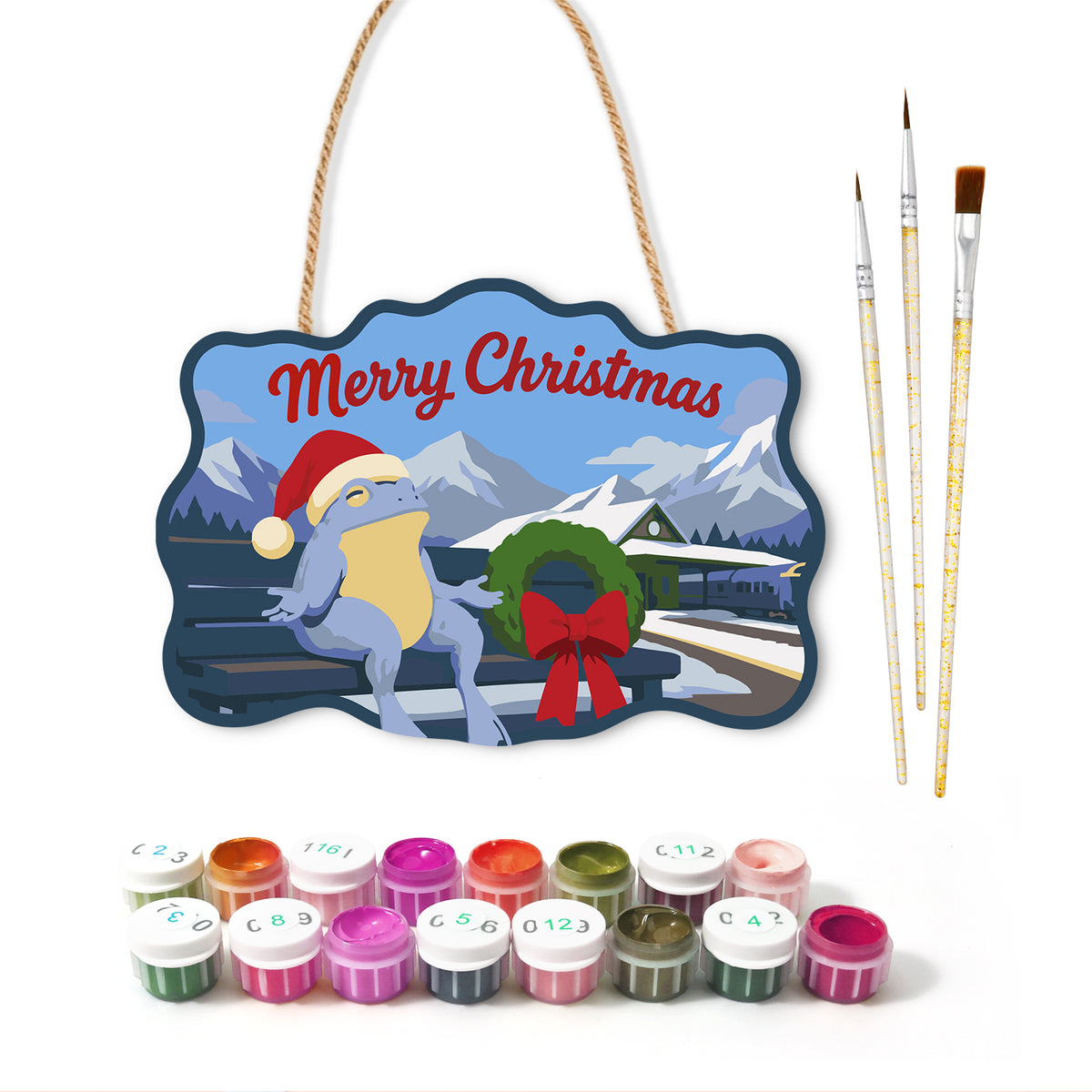 Mountain bench holiday paint by numbers door hanger with paints and brushes