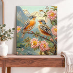 Finished mountain bird pair pearl diamond painting artwork displayed as home decor