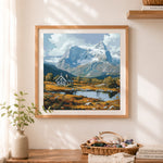 Finished mountain cabin lake scenery cross stitch artwork displayed as home decor
