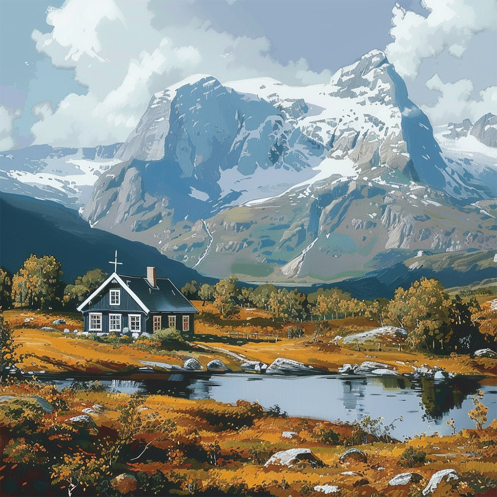 Mountain cabin lake scenery cross stitch kit for beginners