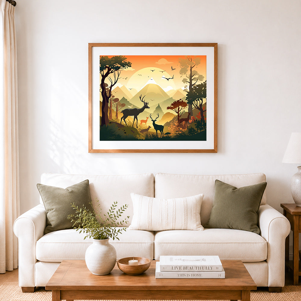 Finished mountain forest deer herd cross stitch artwork displayed as home decor