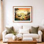 Finished mountain forest deer herd cross stitch artwork displayed as home decor