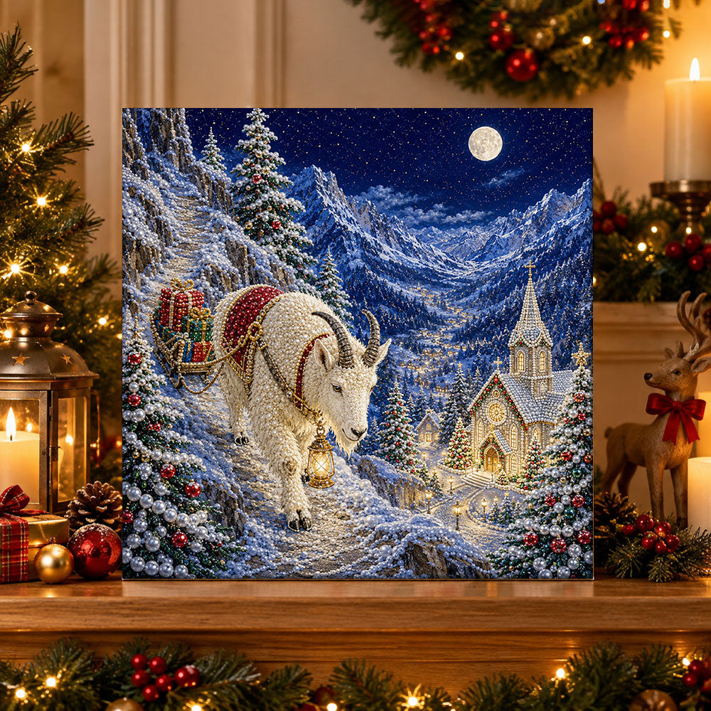 Finished mountain goat christmas journey pearl diamond painting artwork displayed as holiday home decor