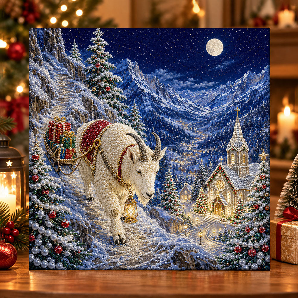 Mountain goat christmas journey pearl diamond painting kit for beginners