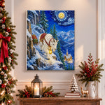 Finished mountain goat on snowy path pearl diamond painting artwork displayed as holiday home decor