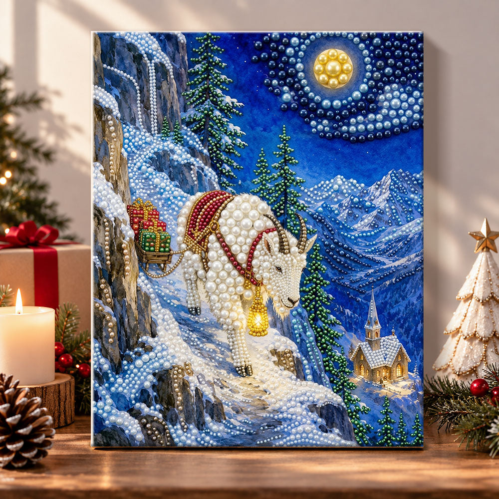 Mountain goat on snowy path pearl diamond painting kit for beginners