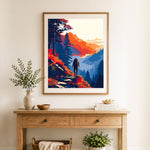 Finished mountain hiking adventure cross stitch artwork displayed as home decor