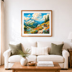 Finished mountain hiking trail cross stitch artwork displayed as home decor