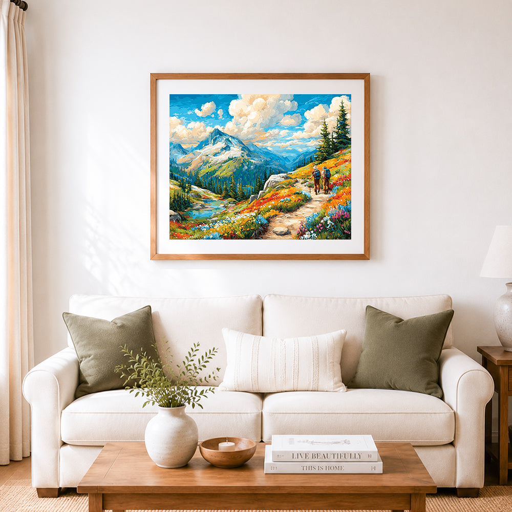 Finished mountain hiking trail cross stitch artwork displayed as home decor