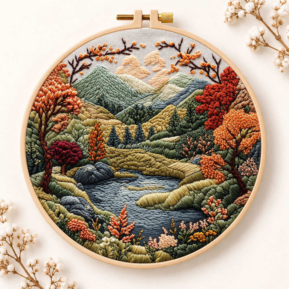 Mountain lake autumn landscape embroidery kit